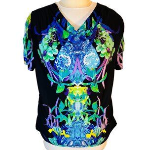 Elementz Blouse Womens 2X Vibrant Floral Snake Print Cowl Neck Short Sleeve